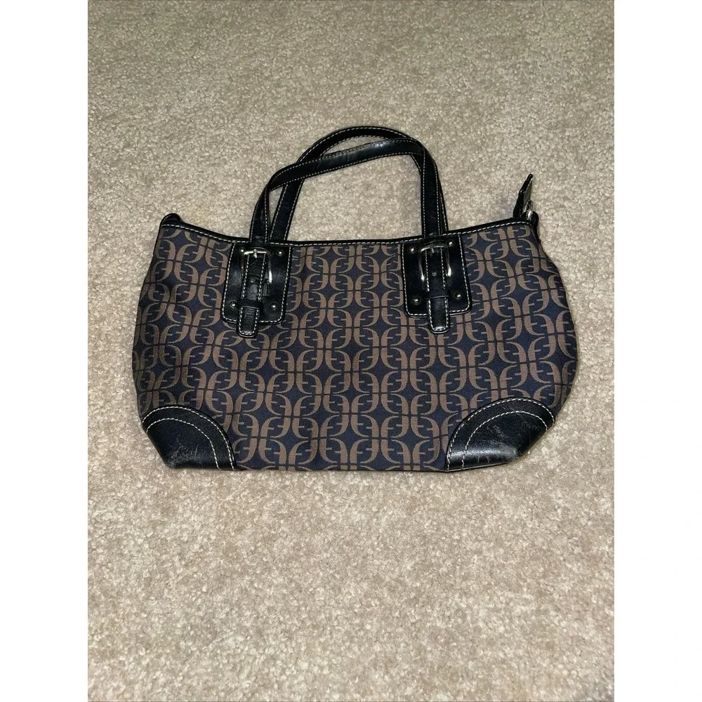 Fossil Signature Monogram Canvas Satchel Handbag Black Brown Leather Trim